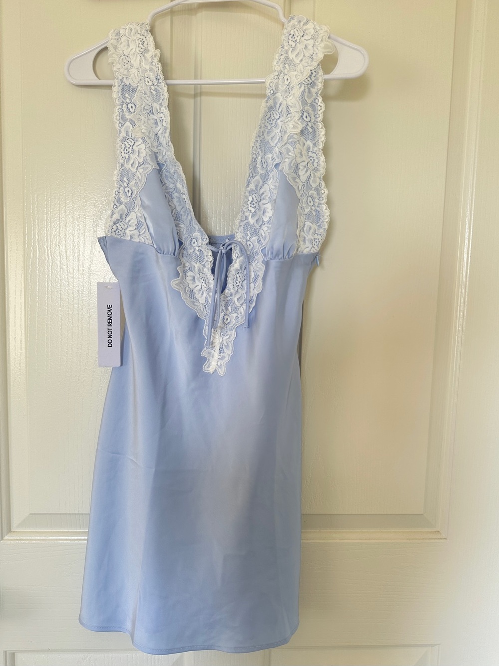 Princess Polly Baby Blue Satin Mini Dress with White Lace Trim - Picture 2 of 3